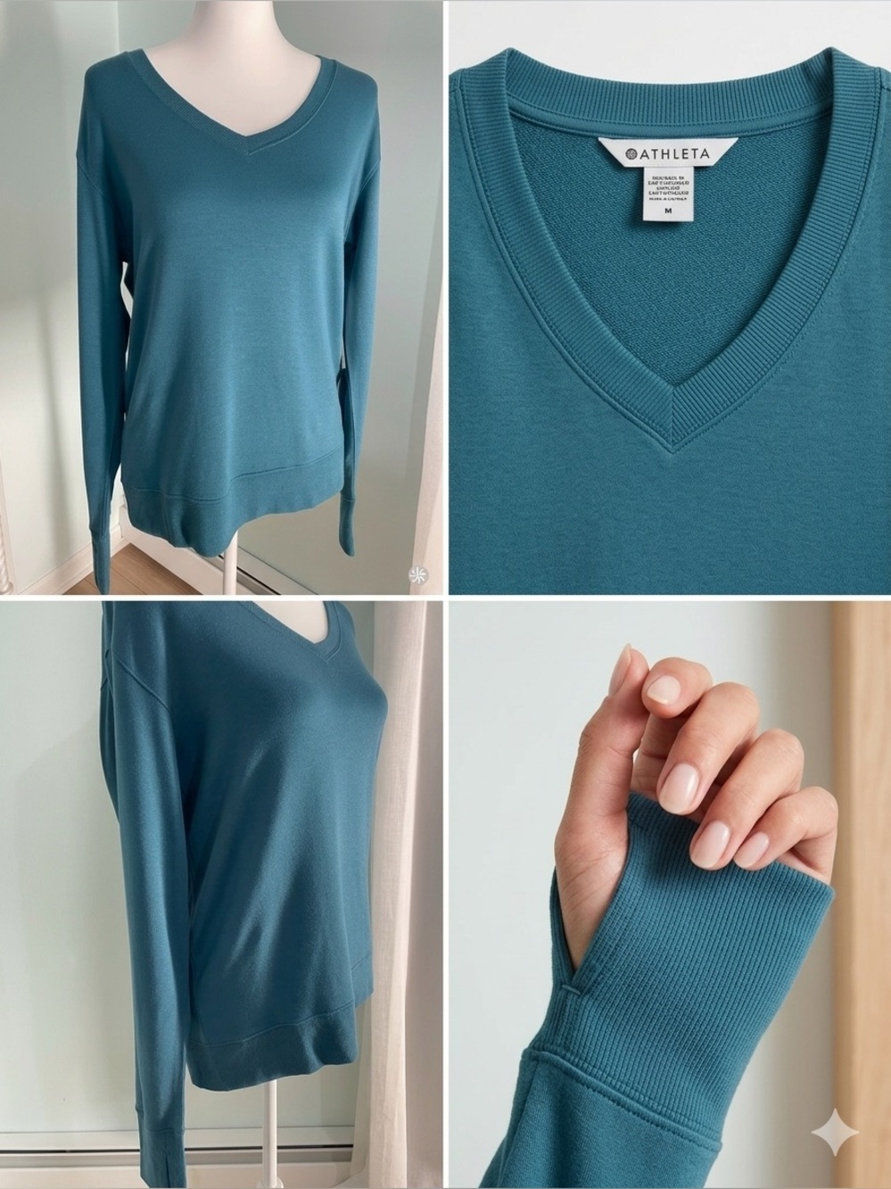 Athleta Teal V-Neck Pullover Sweatshirt New with tag size M. Soft material